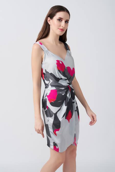 Buy_House Of Varada_White Modal, Satin Sweetheart Neck Floral Print Twisted Bodice Mini Dress _Online_at_Aza_Fashions