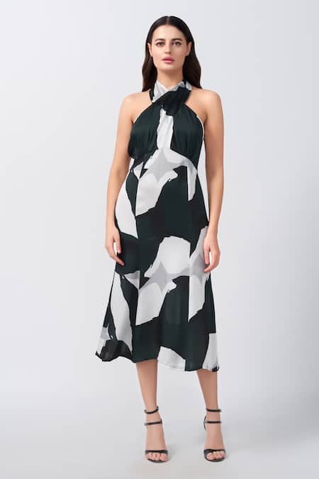 House of Varada Abstract Print Overlap Halter Neck Dress 