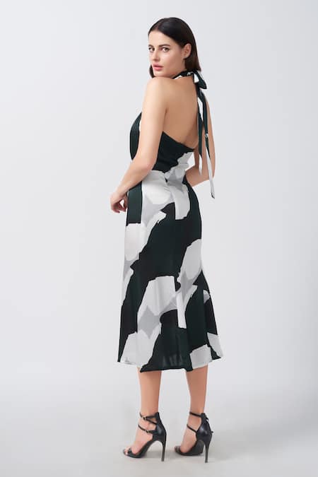 House Of Varada Abstract Print Overlap Halter Neck Dress 