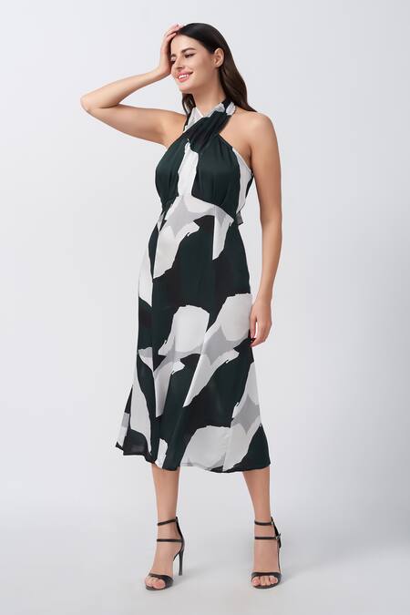 House Of Varada_Green Modal, Satin Halter Neck Abstract Print Overlap Dress _Online_at_Aza_Fashions