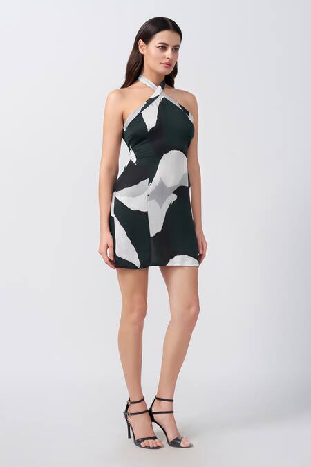 House Of Varada Green Modal, Satin Halter Neck Abstract Print Mini Dress Online at Aza Fashions House Of Varada_Green Modal, Satin Halter Neck Abstract Print Mini Dress _Online_at_Aza_Fashions