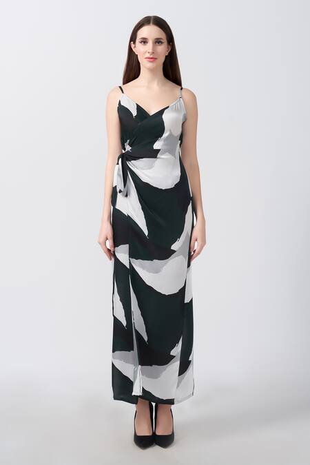 House Of Varada_Green Modal, Satin Plunge Neck Abstract Print Wrap Style Dress _Online_at_Aza_Fashions