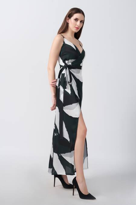 Buy_House Of Varada_Green Modal, Satin Plunge Neck Abstract Print Wrap Style Dress _Online_at_Aza_Fashions