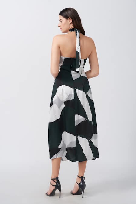 House Of Varada Abstract print Asymmetric Halter Neck Dress 