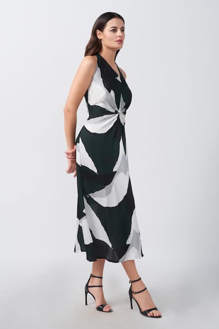 House Of Varada_Green Modal, Satin Halter Neck Abstract Print Asymmetric Dress _Online_at_Aza_Fashions