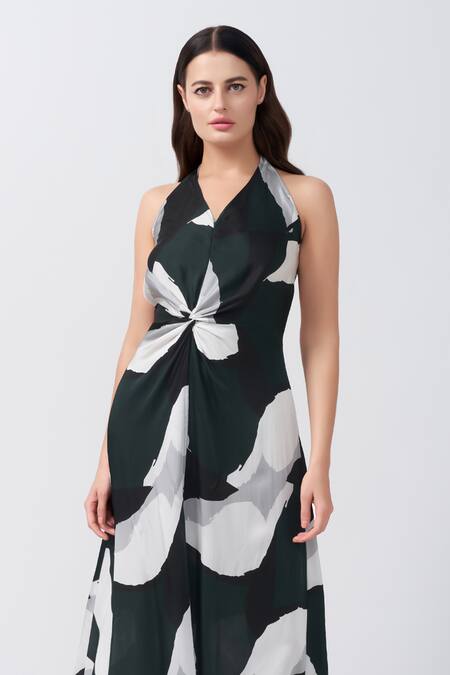 Buy_House Of Varada_Green Modal, Satin Halter Neck Abstract Print Asymmetric Dress _Online_at_Aza_Fashions