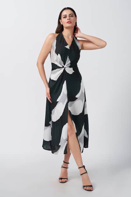 Shop_House Of Varada_Green Modal, Satin Halter Neck Abstract Print Asymmetric Dress _Online_at_Aza_Fashions