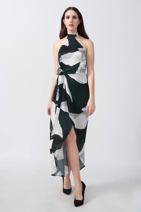 House Of Varada_Green Modal, Satin Halter Neck Abstract Print Asymmetric Wrap Dress _Online_at_Aza_Fashions