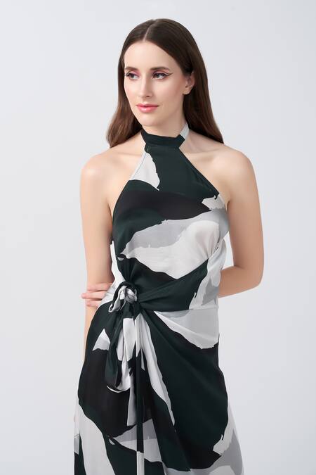 Buy_House Of Varada_Green Modal, Satin Halter Neck Abstract Print Asymmetric Wrap Dress _Online_at_Aza_Fashions