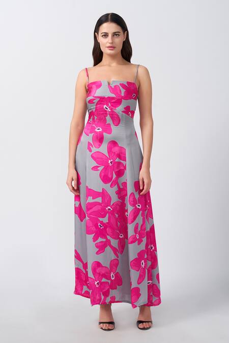 House Of Varada Grey Modal, Satin Square Neck Floral Print A-line Flared Dress Online at Aza Fashions House Of Varada_Grey Modal, Satin Square Neck Floral Print A-line Flared Dress _Online_at_Aza_Fashions