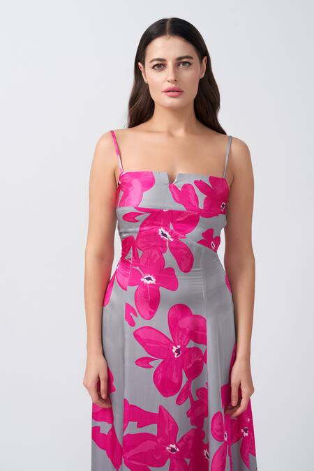 Buy House Of Varada Grey Modal, Satin Square Neck Floral Print A-line Flared Dress Online at Aza Fashions Buy_House Of Varada_Grey Modal, Satin Square Neck Floral Print A-line Flared Dress _Online_at_Aza_Fashions