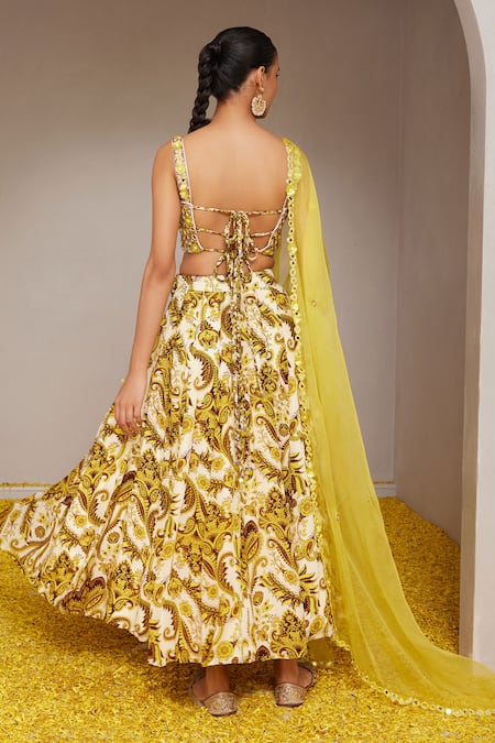 Shop_Nitara Dhanraj Label_Yellow Organza, Silk Mirrors Sweetheart Neck Floral Mandala Print Lehenga Set _at_Aza_Fashions