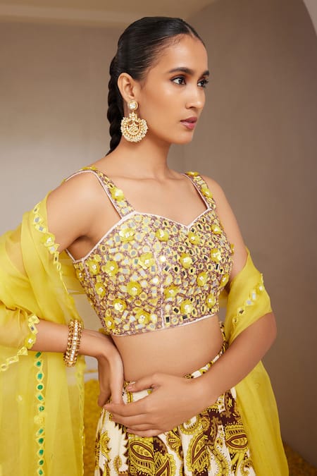 Shop_Nitara Dhanraj Label_Yellow Organza, Silk Mirrors Sweetheart Neck Floral Mandala Print Lehenga Set _Online_at_Aza_Fashions