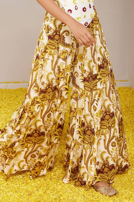 Shop_Nitara Dhanraj Label_Yellow Silk, Crepe Mirrors Round Floral Motif Embroidered Blouse With Sharara _Online_at_Aza_Fashions
