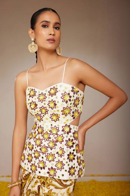 Nitara Dhanraj Label_Yellow Silk, Crepe Sequins, Mirrors, Embroidery Peplum Tunic With Skirt _Online_at_Aza_Fashions