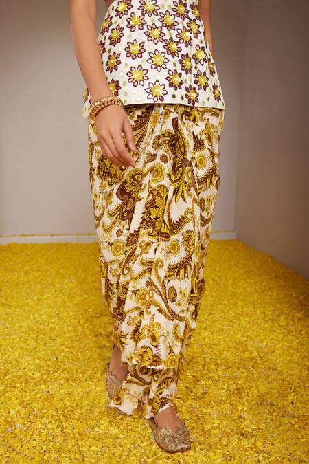 Shop_Nitara Dhanraj Label_Yellow Silk, Crepe Sequins, Mirrors, Embroidery Peplum Tunic With Skirt _Online_at_Aza_Fashions