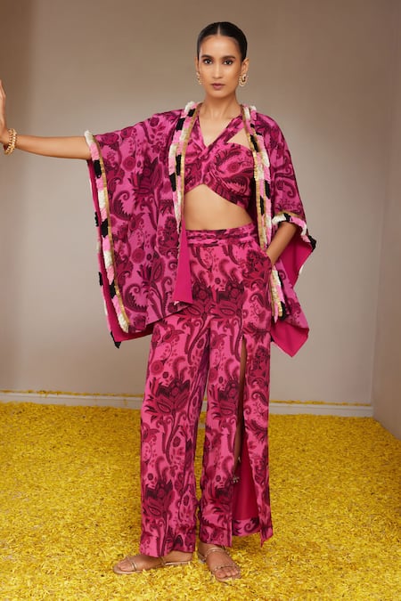 Nitara Dhanraj Label Pink Pure Crepe Print Floral Mandala Cape Front Open And Pant Set 