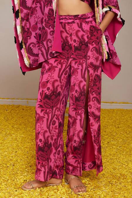 Nitara Dhanraj Label_Pink Crepe Tassels V-neck Floral Mandala Print Cape And Pant Set _Online_at_Aza_Fashions
