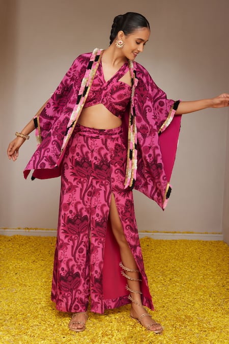 Buy_Nitara Dhanraj Label_Pink Crepe Tassels V-neck Floral Mandala Print Cape And Pant Set _Online_at_Aza_Fashions