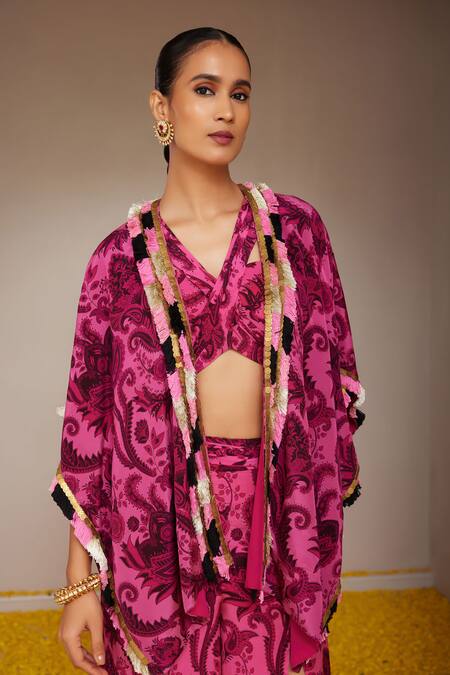 Shop_Nitara Dhanraj Label_Pink Crepe Tassels V-neck Floral Mandala Print Cape And Pant Set _Online_at_Aza_Fashions