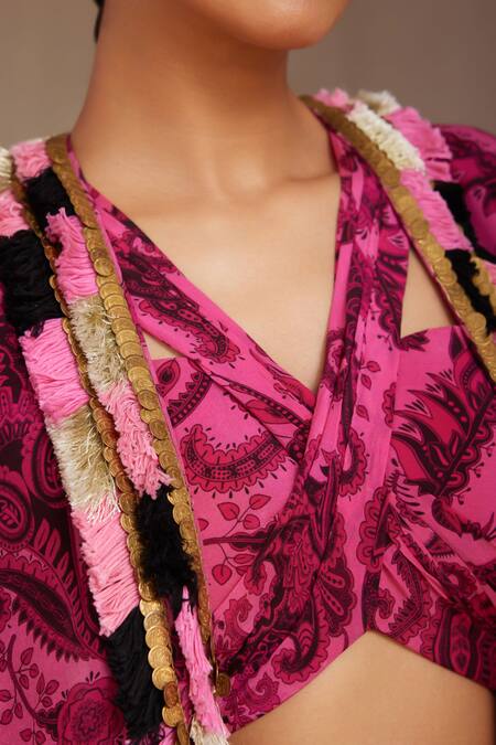 Nitara Dhanraj Label_Pink Crepe Tassels V-neck Floral Mandala Print Cape And Pant Set _at_Aza_Fashions