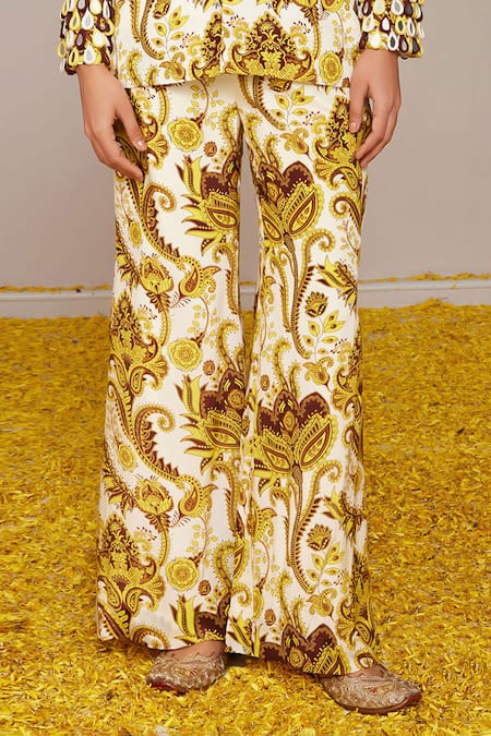Nitara Dhanraj Label_Yellow Crepe Tassels V-neck Floral Mandala Print Jacket With Pant _Online_at_Aza_Fashions