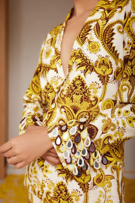 Shop_Nitara Dhanraj Label_Yellow Crepe Tassels V-neck Floral Mandala Print Jacket With Pant _Online_at_Aza_Fashions