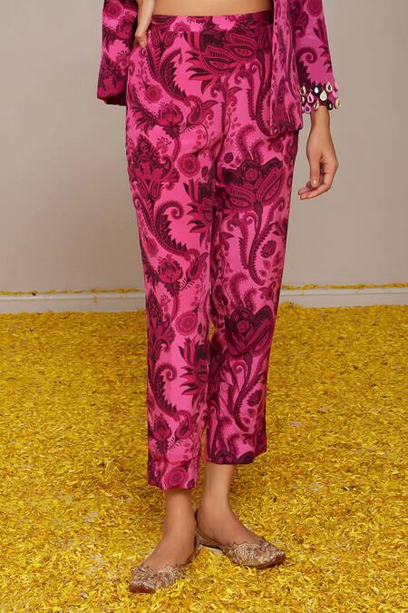 Nitara Dhanraj Label_Pink Silk, Crepe Tassels, Embroidery, Floral Mandala Print Jacket And Pant Set _Online_at_Aza_Fashions