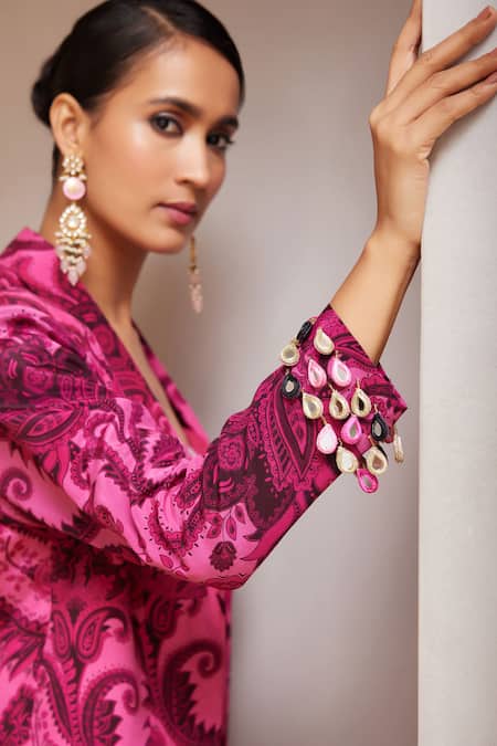Nitara Dhanraj Label_Pink Silk, Crepe Tassels, Embroidery, Floral Mandala Print Jacket And Pant Set _at_Aza_Fashions