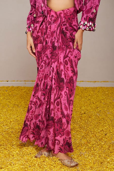 Nitara Dhanraj Label_Pink Crepe Mirrors Collared Floral Mandala Print Jacket And Skirt Set _Online_at_Aza_Fashions