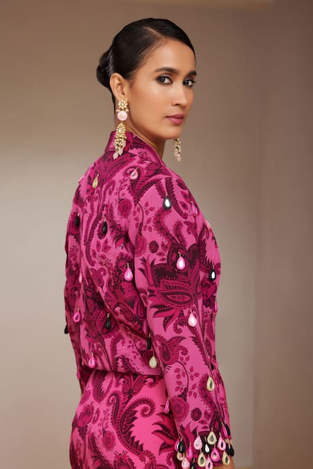 Buy_Nitara Dhanraj Label_Pink Crepe Mirrors Collared Floral Mandala Print Jacket And Skirt Set _Online_at_Aza_Fashions