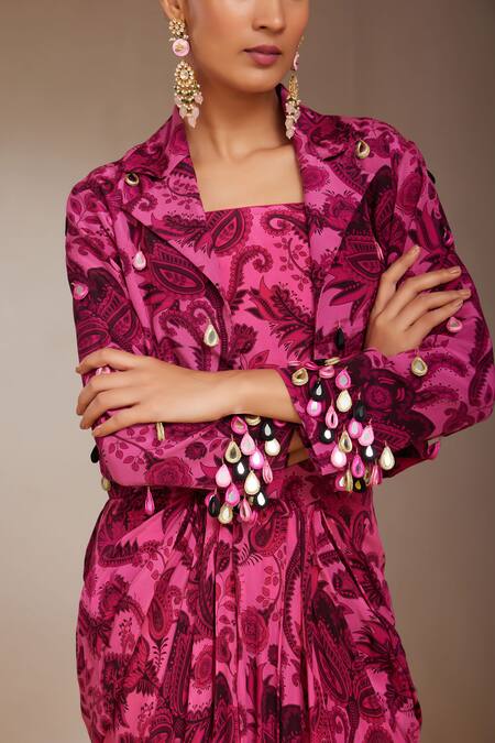 Shop_Nitara Dhanraj Label_Pink Crepe Mirrors Collared Floral Mandala Print Jacket And Skirt Set _Online_at_Aza_Fashions