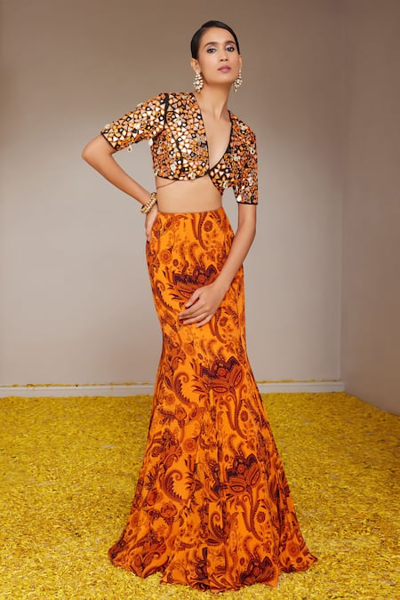 Nitara Dhanraj Label_Orange Organza, Silk Mirrors V-neck Embroidered Blouse And Fish Cut Lehenga Set _Online_at_Aza_Fashions