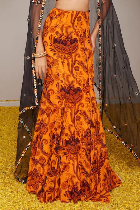 Shop_Nitara Dhanraj Label_Orange Organza, Silk Mirrors V-neck Embroidered Blouse And Fish Cut Lehenga Set _Online_at_Aza_Fashions