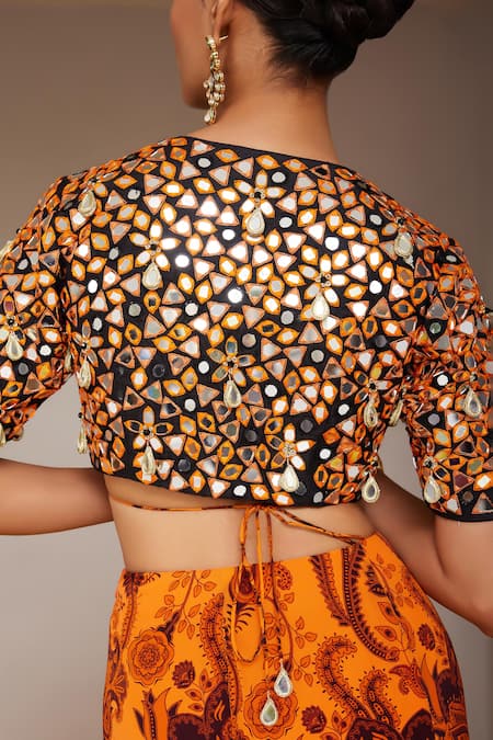 Nitara Dhanraj Label_Orange Organza, Silk Mirrors V-neck Embroidered Blouse And Fish Cut Lehenga Set _at_Aza_Fashions