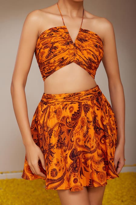 Buy_Nitara Dhanraj Label_Orange Crepe Halter Neck Floral Mandala Print Cropped Top With Skirt _Online_at_Aza_Fashions