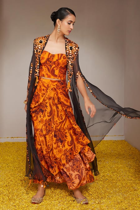 Nitara Dhanraj Label_Orange Crepe, Organza, Cotton Mirrors, Embroidery Sweetheart Cape And Skirt Set _Online_at_Aza_Fashions