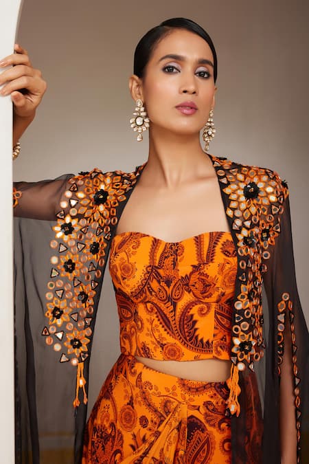 Buy_Nitara Dhanraj Label_Orange Crepe, Organza, Cotton Mirrors, Embroidery Sweetheart Cape And Skirt Set _Online_at_Aza_Fashions