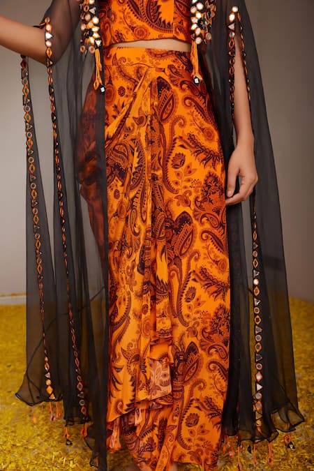 Shop_Nitara Dhanraj Label_Orange Crepe, Organza, Cotton Mirrors, Embroidery Sweetheart Cape And Skirt Set _Online_at_Aza_Fashions