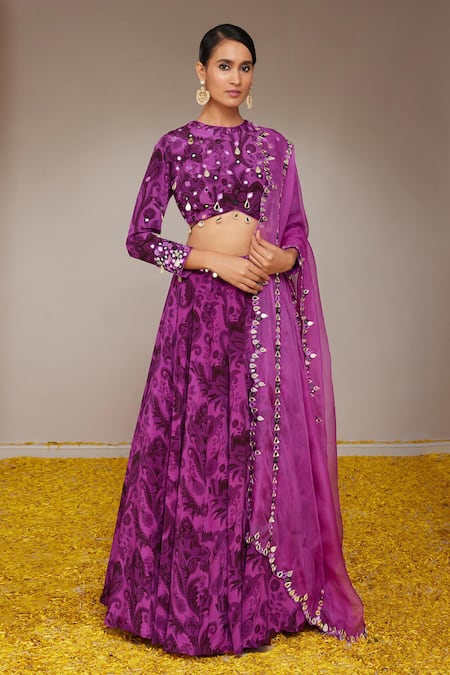 Nitara Dhanraj Label Purple Pure Crepe And Organza Print Floral Mandala Round Neck Flower Lehenga Set 