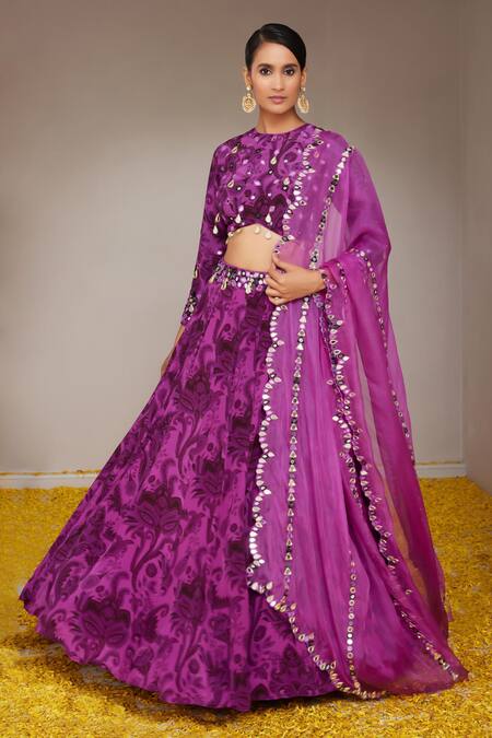 Shop_Nitara Dhanraj Label_Purple Crepe, Organza Tassels, Mirrors Round Flower Mandala Print Lehenga Set _Online_at_Aza_Fashions