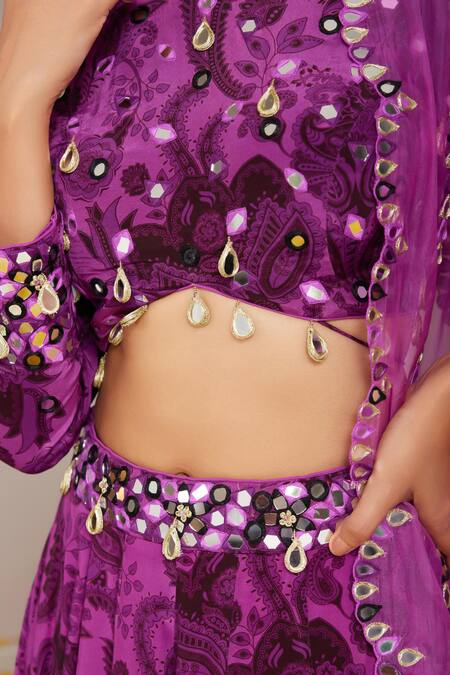 Nitara Dhanraj Label_Purple Crepe, Organza Tassels, Mirrors Round Flower Mandala Print Lehenga Set _at_Aza_Fashions