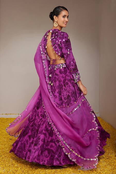 Buy_Nitara Dhanraj Label_Purple Crepe, Organza Tassels, Mirrors Round Flower Mandala Print Lehenga Set 