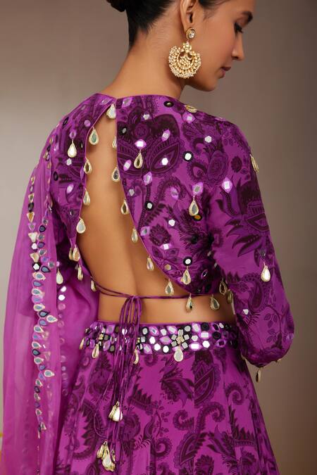 Shop_Nitara Dhanraj Label_Purple Crepe, Organza Tassels, Mirrors Round Flower Mandala Print Lehenga Set 