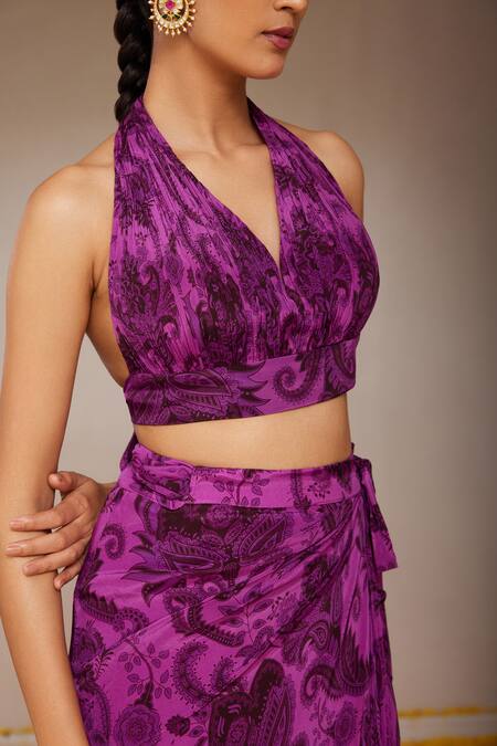 Buy_Nitara Dhanraj Label_Purple Crepe Embroidery Halter Neck Flower Mandala Print Draped Top With Skirt _Online_at_Aza_Fashions