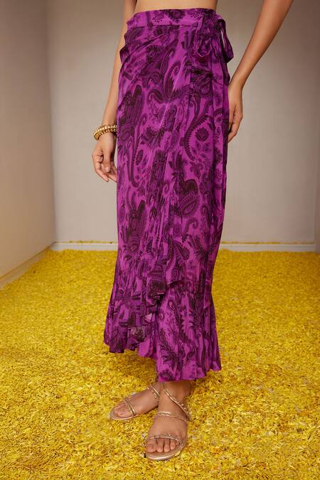 Shop_Nitara Dhanraj Label_Purple Crepe Embroidery Halter Neck Flower Mandala Print Draped Top With Skirt _Online_at_Aza_Fashions