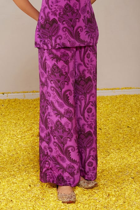 Nitara Dhanraj Label_Purple Crepe Sequins, Embroidery Floral Mandala Print Short Tunic With Pant _Online_at_Aza_Fashions