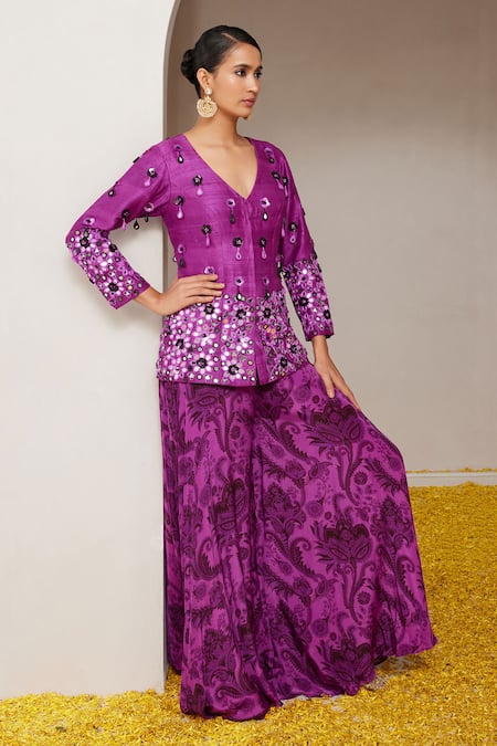 Nitara Dhanraj Label Floral Mirror Embroidered Jacket With Flared Pant 