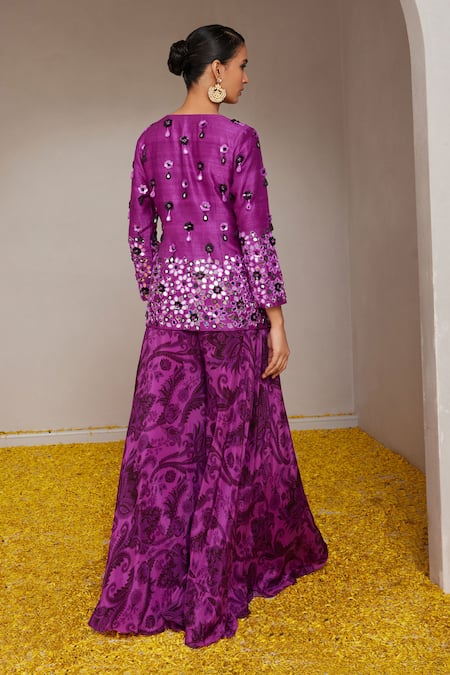 Nitara Dhanraj Label Floral Mirror Embroidered Jacket With Flared Pant 