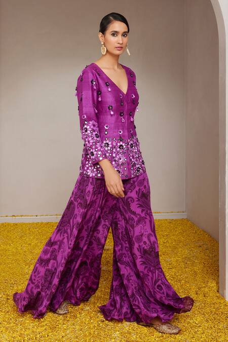 Nitara Dhanraj Label_Purple Silk, Crepe Mirrors, Sequins Floral Embroidered Jacket With Flared Pant _Online_at_Aza_Fashions